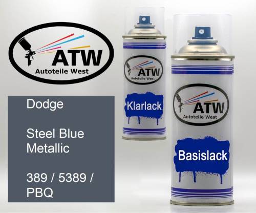 Dodge, Steel Blue Metallic, 389 / 5389 / PBQ: 400ml Sprühdose + 400ml Klarlack - Set, von ATW Autoteile West.